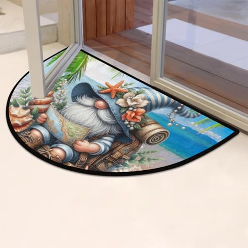 Image of Half Round Door Mat Palm Trees Gnome Non Slip Half Moon Rug Indoor Entrance Washable Half Circle Area Rugs Semi Circle Bathroom Rugs Floor Carpet for Kithen Bedroom Fireplace Decor