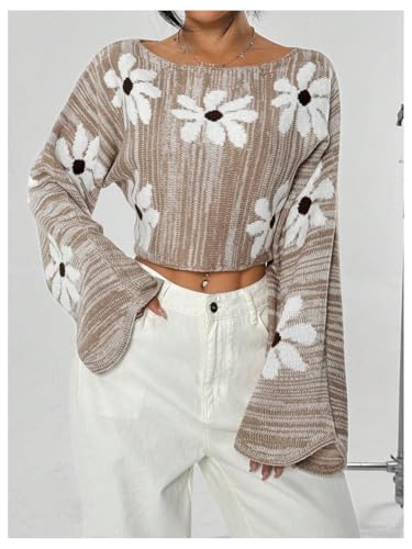 Women's Floral Crop Sweaters Y2k Long Sleeve Boat Neck Knit Tops Pullovers3