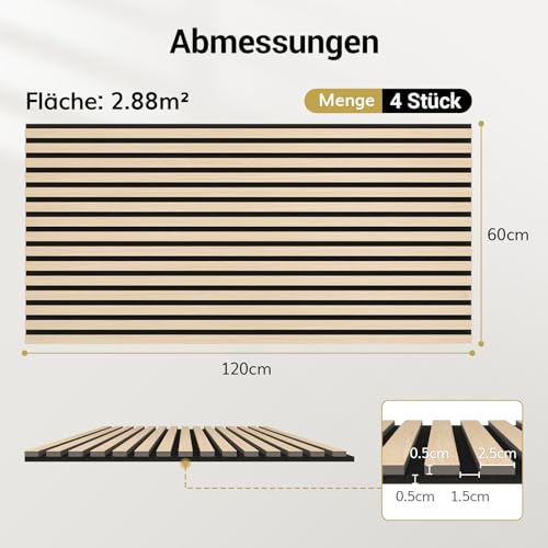 TONOR Akustikpaneele holz, 4 Stück 120 x 60cm - 2,88m² Wandpaneele holz Holzpaneele wand als Schallschutzplatten, Wandverkleidung Holzoptik für Wanddeko Wohnzimmer, Büro, Küche, Eiche