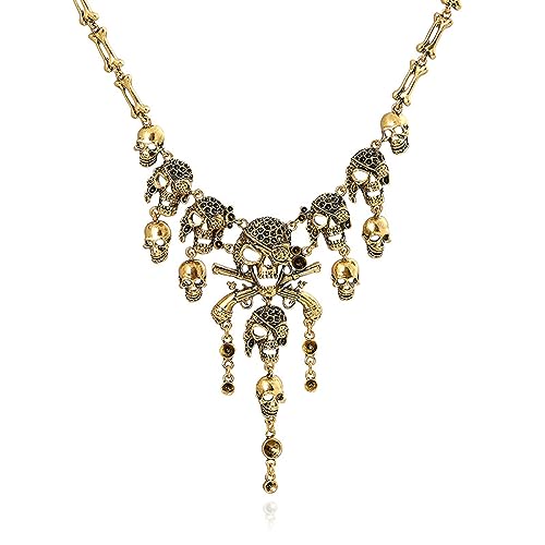 Pingyongchang Vintage Multilevel Pirate Skull Tassel Charm Necklace and Fashion Jewelry Bracelet - Lady Horror Necklace for Womens - Antique Brass