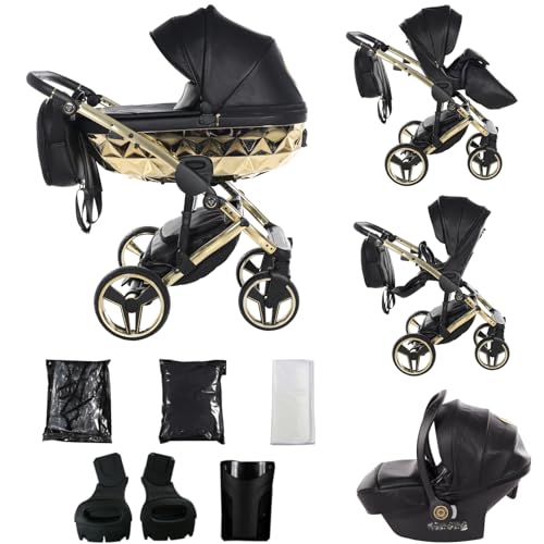 Junama Kinderwagen Diamond Hand Craft 2in1 3in1 4in1 (05 - Schwarz und Gold, 3in1 mit Autositz)