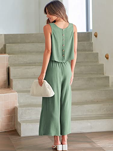 Image of ANRABESS Women's Summer 2 Piece Outfits Sleeveless Tank Crop Button Back Top Cropped Wide Leg Pants Set Pockets