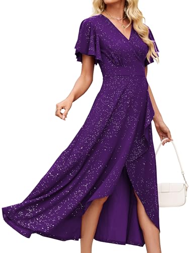 Image of Long Black Formal Dresses for Women Gowns Evening Party Cocktail Dress,Split Elegant V Neck Wrap Ruffle Wedding Guest Dresses