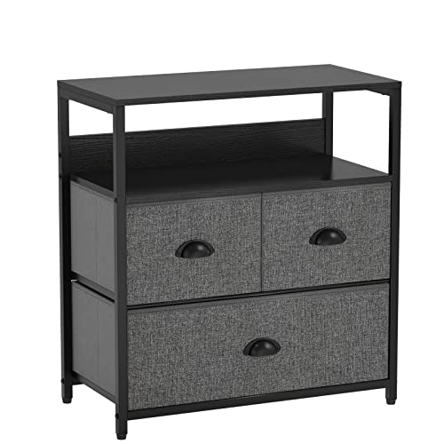 Furologee Nightstand With 3 Drawers, Dresser With Storage Shelf, Bedside Table/Closet Organizer, Rustic Fabric Linen Bins & Wooden Top For Bedroom, Hallway, Hotel (Dak Grey) #TOP7