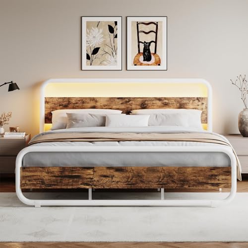 Image of King Size Bed Frame, Wood Headboard and Footboard, LED Lights, White