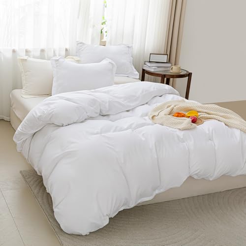 Image of SheRest White Duvet Cover Queen Size - Soft Brushed Microfiber, 3 Pieces, 1 Duvet Cover 90x90 Inches with Zipper Closure 8 Ties & 2 Pillow Shams, Breathable Bedding Set for All Season (No Comforter)