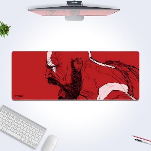 Image of Stitched Gaming Extended Mousepad (12x31) - Spartan Warrior Red Design Deskmat for Laptop, Desktop, PC (Stitched Edges, XL)