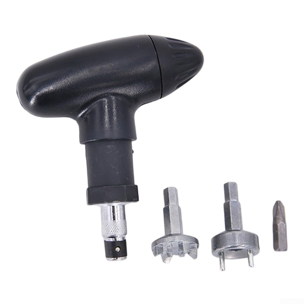 Chiave a cricchetto con manico in plastica e punta a 2 rebbi, in acciaio inox, design compatto, colore nero