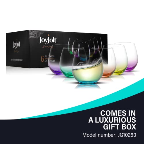 Joyjolt Hue Stemless Wine Glass Set. Large 15 Oz Stemless Wine Glasses Set Of 6. Short Wine Tumblers For White Wine Glasses, Red Wine Glasses, Water Glasses, No Stem Margarita Glasses, Colored Tumbler #TOP3