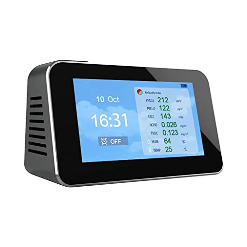 Luftqualität Messgerät CO2,PM2.5, PM1.0, PM10, TVOC Partikeldetektoren Temperatur Feuchtigkeits Monitor Kohlendioxid Detektor mit Uhr, Wecker,für das