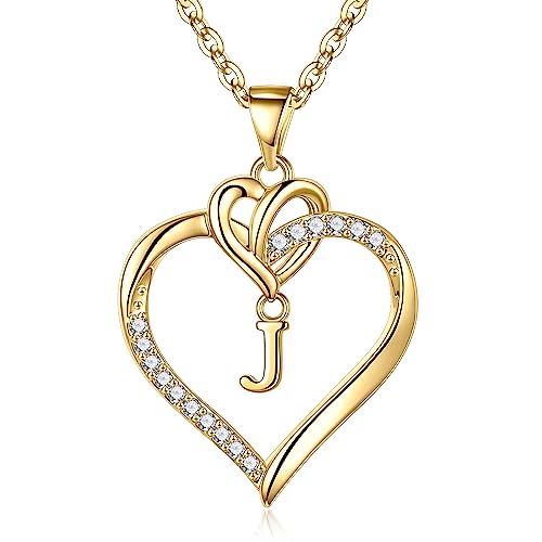 TINGN Gold Kette mit Buchstaben Halskette Damen, Herz Anhänger Kette Gold Damen Buchstaben J Halskette Buchstaben Halskette Damen Personalisierte Geschenke für Frauen Freundin Mädchen Schmuck Damen