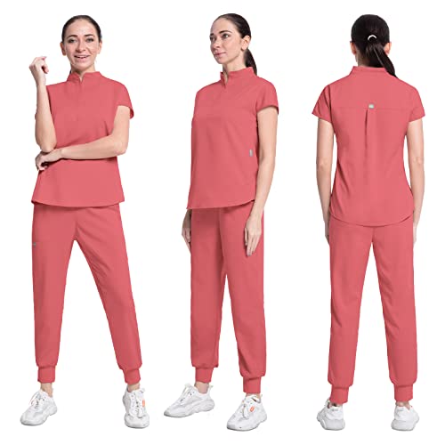 VIAOLI Women's Jogger Scrub Set with Pocket Medical Uniforms Include V-Neck Scrub Top and Pant Fitted Stretch Scrub Set-12 Color