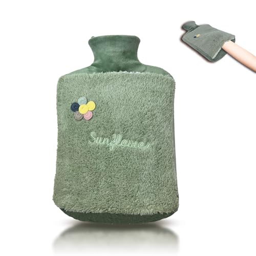 Hot water bottle 2.0L with lid and cuddly soft fur cover, kangaroo pocket, leak-proof