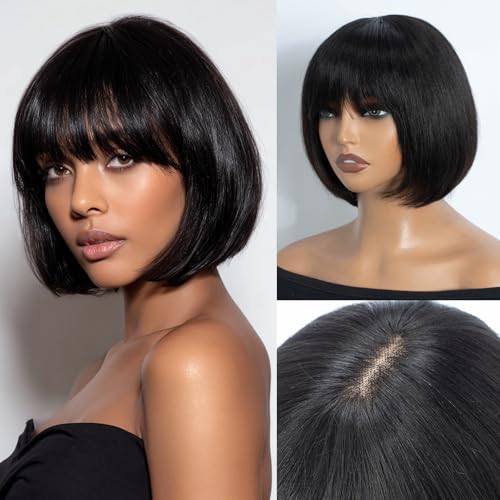 DÉBUT Short Bob Human Hair Wig with Bangs Glueless 2.5x1