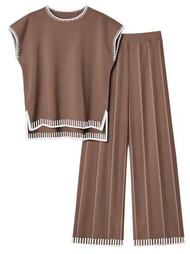 Image of Ekouaer Womens Matching Sets Knit Sweater Sets 2 Pieces Lounge Set | Pullover Tops Wide Legs Pants Casual Outfits