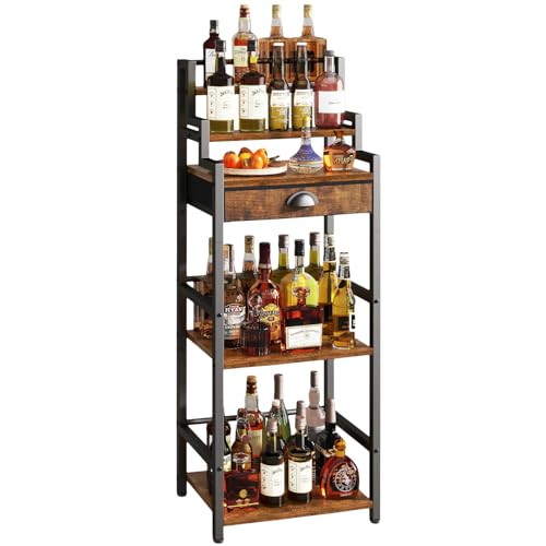 IBUYKE Botellero Vino Escalonado Independiente, Mueble para Vino con Cajón para Whisky,Estante para Vino Expositor de Licor para Bar, Salón, Comedor,Marrón TMJ915H