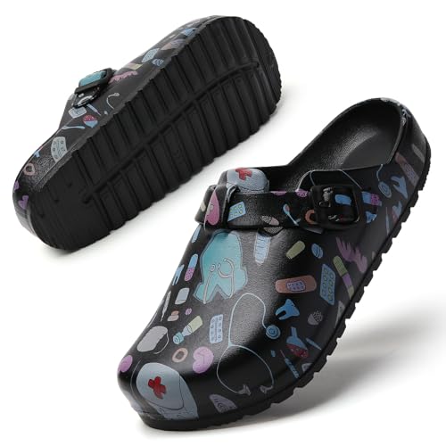 Image of Eliogn Women's Garden Clogs with Print, Waterproof Slip Resistant Work Clogs, Lightweight EVA Slip-On Mules, Cushioned Comfortable Shoes for Nurse, Chef, Kitchen, Beach