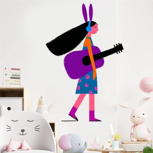 Image of Cute Girl with Guitar Wall Sticker | Cartoon Music Theme Self Adhesive Wall Decal for Kids Room, Bedroom, Nursery & Playroom Decoration