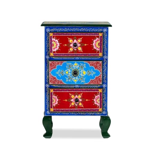 Image of Wooden Bedside Table for Bedroom | 3 Drawer Side Table | Handpainted Rajasthani Chest of Drawers | Solid Wood Small Bedside Table with Drawer Storage for Living Room (Handpainted-3)