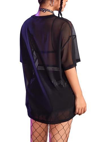 Floerns Women's Short Sleeve Skeleton See Through Sheer Mesh Tee Shirt Blouse Rave Tops2