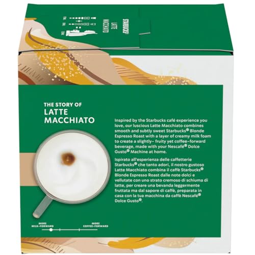Image of Starbucks Latte Macchiato Coffee Pods by NESCAFE Dolce Gusto (12x 129g Box) By Cougar, Smooth & Creamy 100% Arabica Blend, 6 Servings per Box, Rich Espresso with Frothy Milk Layer, Compatible with Dolce Gusto Machines, Cafe Style Beverage at Home - (Imported-UK)