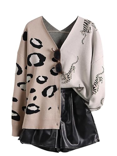 Image of WDIRARA Women's Leopard Tiger Print Cardigan V Neck Long Sleeve Color Block Button Down Sweater Outwear