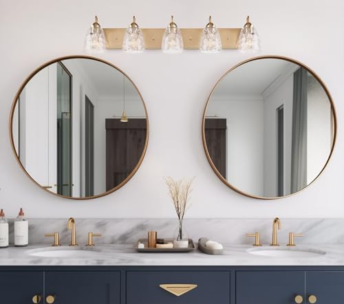 Image of Kira Home Armada 37 inch Large Modern 5-Light Bathroom Vanity Light | Elegant Hammered Water Glass Cone Shades, Contemporary Cool Brass Finish, Premium Wall Sconce Lighting Fixture