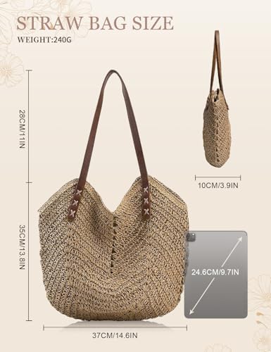 Beach Bags for Women with Zipper, Large Straw Bag Woven Tote Bag Straw Shoulder Bag for Summer Vocation2