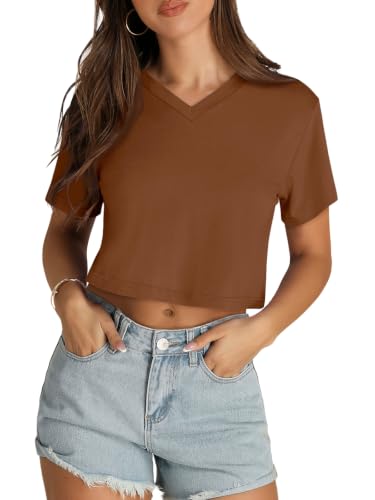 Image of Womens Crop Tops Short Sleeve V Neck Summer Cropped T Shirts Baisc Tees