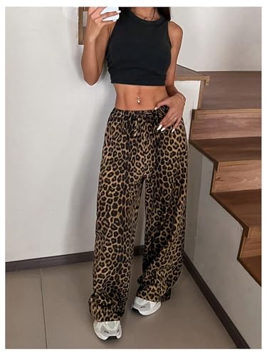 Floerns Women's Drawstring Waist Leopard Print Trousers Tie Front Wide Leg Pants3