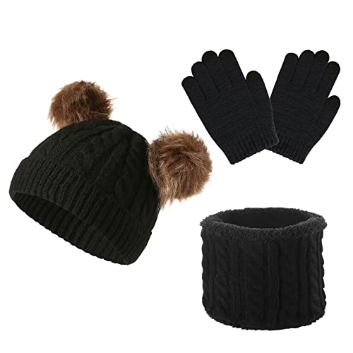 YloveM Chapeau Tricoté Hiver pour Enfants Écharpe et Gants Ensemble, Chapeau Bonnet pour Enfants Chaud Chapeau pour Garçons Filles 3-8 Ans (A- Noir) Cover