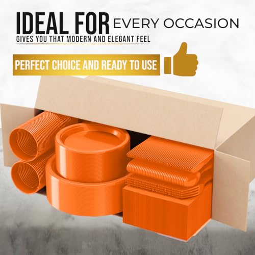 Image of Exquisite 350 Pcs Orange Plates and Napkins Party Supplies Plate Sets | Sturdy Plastic Dinnerware Set With 9 inch & 7 inch Plates, 12 Oz Cups, Lunch Napkins and Cutlery Serves 50 for Birthdays & Everyday