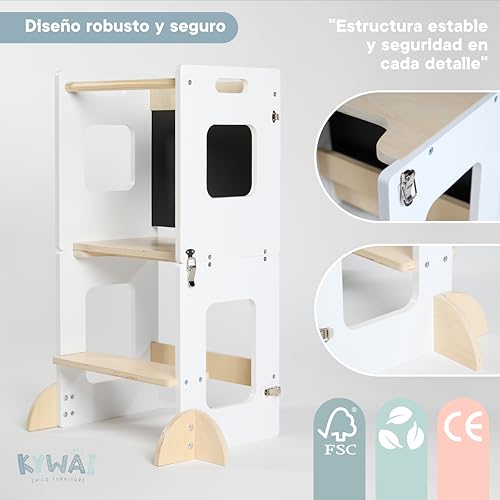 Miniatura 5 de Kywai Torre De Aprendizaje Plegable Montessori Premium, Torre Aprendizaje Plegable 3 En 1: Convertible En Escritorio Con Pizarra Marca Comprometida Con La Reforestación, Desde 1 Año