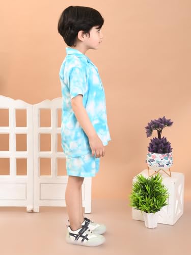Image of superminis Baby Boys Rayon Tie-Dye Printed Co-ord Set With Notched Collar Shirt and Shorts