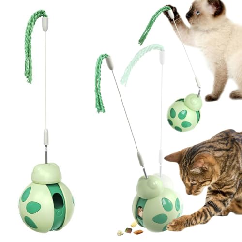 LLiKZio 猫 おもちゃ 一人遊び 知育玩具 自動給餌器 猫用おもちゃ 不倒翁タイプ スローフィーダー2in1(グリーン)フードグレードABS製 高反発キャットロッド+転倒防止設計 ストレス解消/ダイエット用