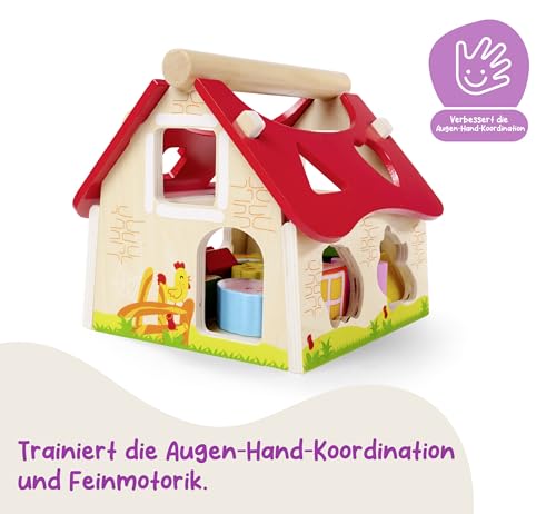 Eichhorn 100002098 Holz Steckhaus, 15-teiliges Haus aus Kiefernholz, mit 12 Steck-Bausteinen, Motorikspielzeug für Kinder ab 1 Jahr, Größe: 18 x 17,5 x 18 cm