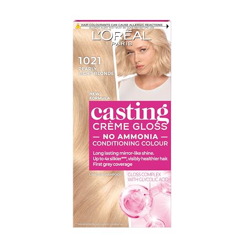 Casting Crème Gloss 1021 Pearly Light Blonde: This no-ammonia, semi-permanent hair colour lasts 32 washes. Achieve up to 3x glossier, 4x silkier, healthier hair with a shimmering pearly light blonde.