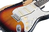 Rocktile Vinstage ST-BBSB gitara elektryczna – gitara relikowa w stylu wiekowym – korpus: jesion – szyja: klon – podstrunnica: laur – 3 x Single Coil Pickup – sprzęt vintage – Sunburst