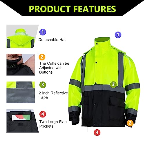 Class 3 High Visibility Rain Suit With Detachable Hood Waterproof Lime Reflective Safety Worker Jacket & Pants (L/XL Yellow) - Image 6