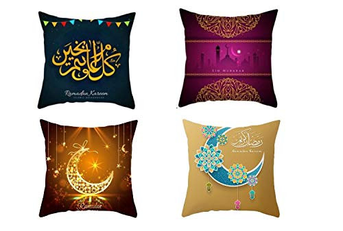 BrainGiggles 4 Pcs Eid Cushion Covers 45 * 45 cms, Ramadan Kareem Eid Mubarak Throw Pillow Covers for Sofa, Couch, Bedroom | Eid Decorations