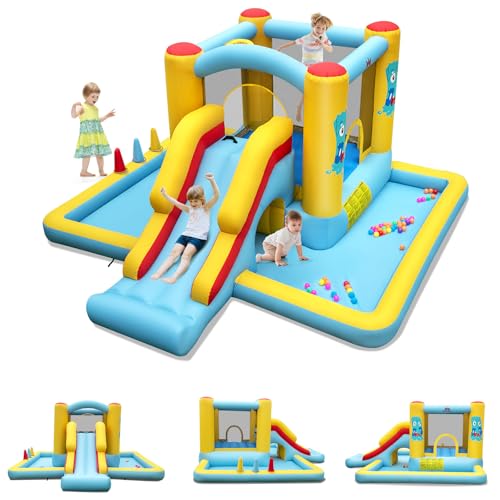 GOPLUS Château Gonflable Enfants Exterieur avec Toboggan, Trampoline, Panier de Basket, Aire de Jeux Gonflable Intérieur Extérieur,pour 2-3 Enfants 3-10 Ans, Charge 90KG (Monstre sans Souffleur)