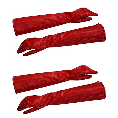 2 pares de elegantes guantes largos de piel sintética de color rojo sólido para mujer, rosso, Talla única