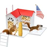 YOBTEOY Metal Squirrel Feeder for Outside with Water Bowl, Hanging Squirrel House for Outdoors with Flag Ladder and Corn Cobs Holder, Peanut Feeder for Chipmunks, Mount on Trees or Fences
