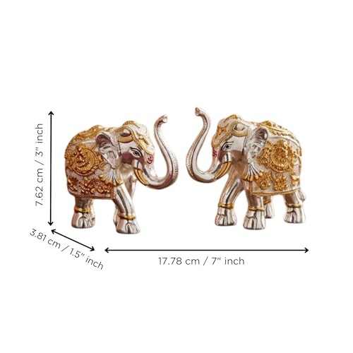 Image of eCraftIndia Silver Golden Set of 2 Elephant Statue Showpiece for Home Decor Office Table | Animal Figurines Good Luck Gift for Housewarming Birthday