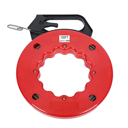 100FT (30M) Fish Tape Hand Wire Puller Spring-Steel 1/8"(3 mm) Width Fishtape, Wire Fishing Tools with Double Loop Tip, Flexible Steel Fish Tape, Durable Housing