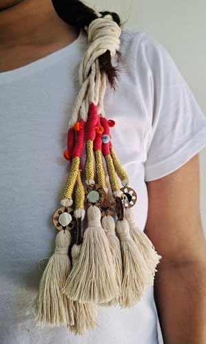 Image of Zippy Flora Handmade Boho Parandi / Paranda Traditional Hair Accessory for Women & Girls | Ethnic Braided Hair Tassels, Choti Hair Extension, Decorative Braid Jewelry for Festive & Wedding Hairstyles (Neelima Off-White)