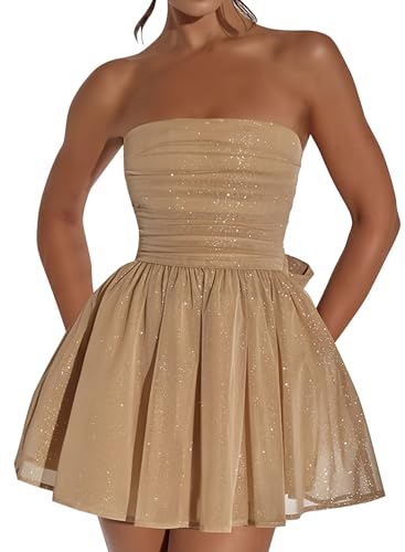 Glitter Tulle Homecoming Dresses for Teens Strapless Short Prom Dress Mini Cocktail Party Gowns with Bow on Back