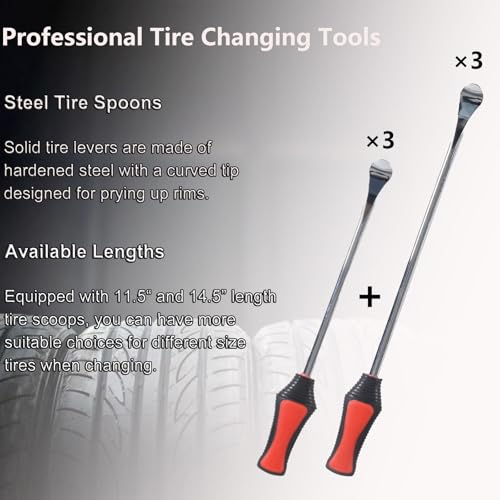 Image of 14.5 inch&11.5 inch Steel Tire Spoons Tool Set, 28Pcs Tire Changing Tools, Motorcycle Tire Changer, Dirt Bike Tire Levers, 6 * Tire Spoons, 1 * Valve Removal Tool etc. (Red)