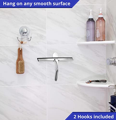 Image of HOME SO Shower Squeegee for Glass Doors - Stainless Steel Squeegee with Adhesive Hooks - Window, Floor & Car Squeegee, Multi-Purpose Bathroom, Mirror & Tile Cleaner - Bathroom Essentials - Chrome 12 inch