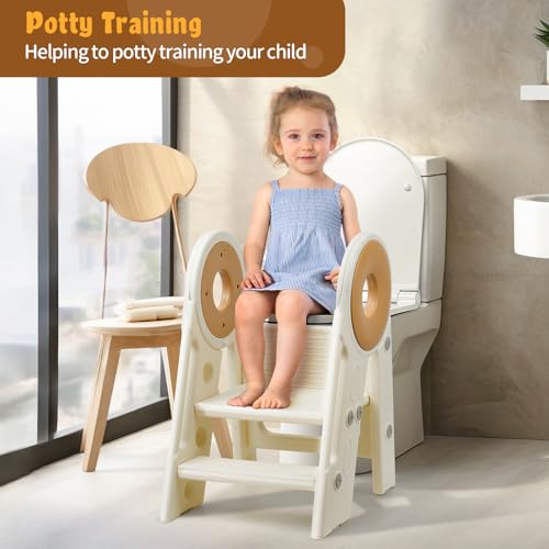 Toddler Step Stool for Bathroom Sink, 2-3 Step Adjustable Step Stool Foldable, Non-Slip Toddler Step Stool Kitchen Helper, Potty Training Toilet, Kids Stool Helper, Ages 18 Months to 3 Years(Cream)